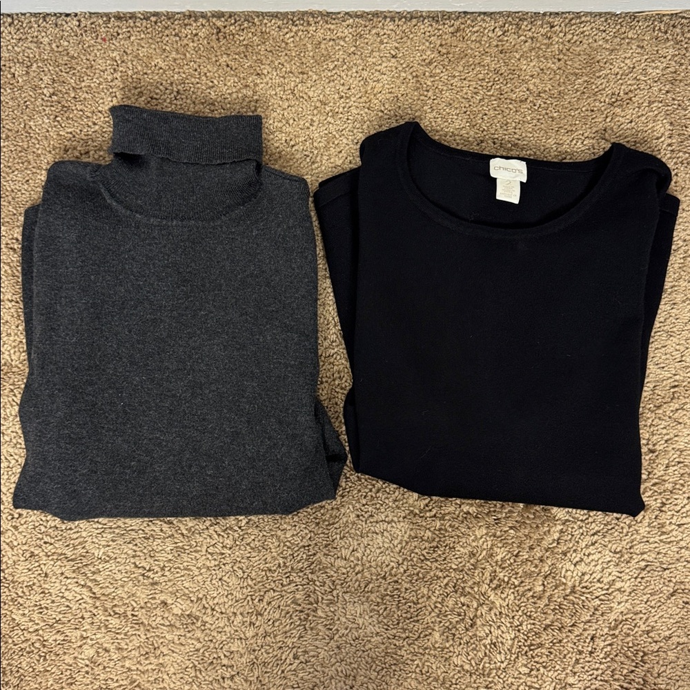Chico’s Sweater‎ Bundle Size 2 Black Crewneck & Gray Turtleneck Knit Tops